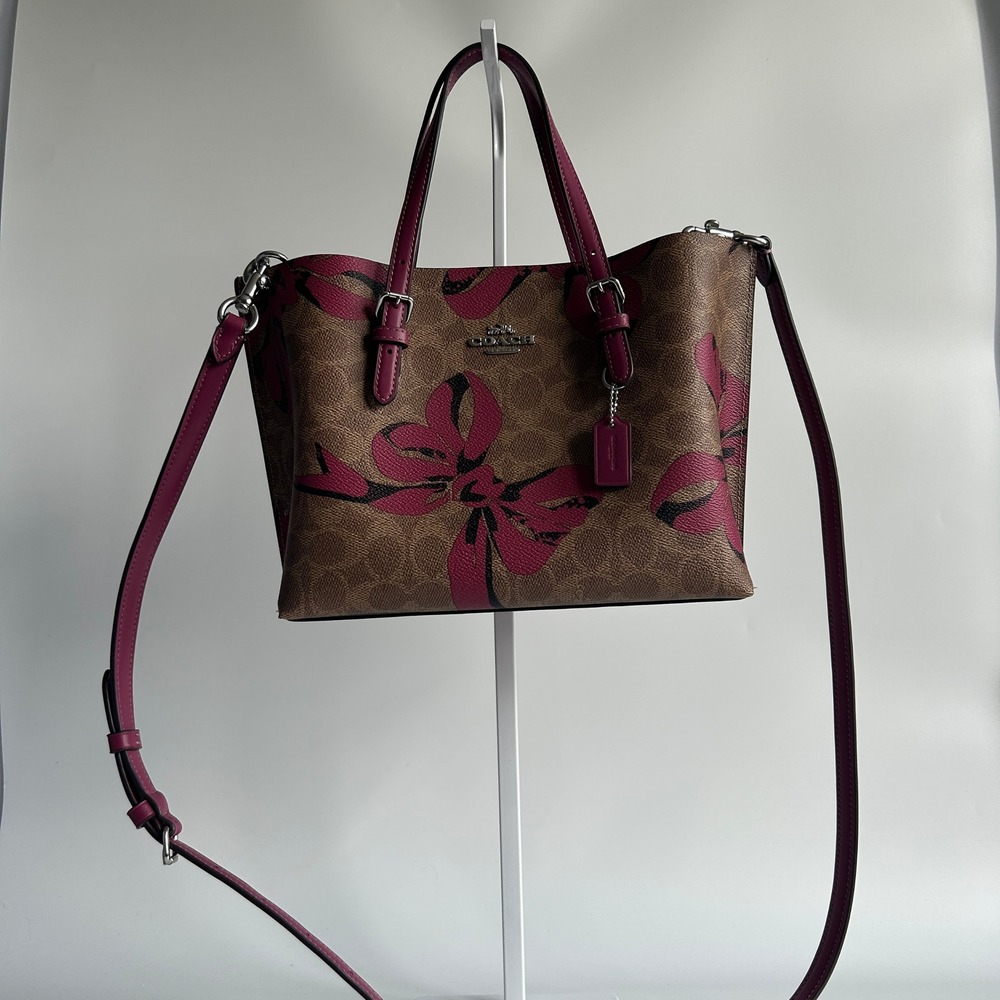 Coach Mollie Tote 25 Brown Pink Signature Canvas Bow Print Tote Excellent